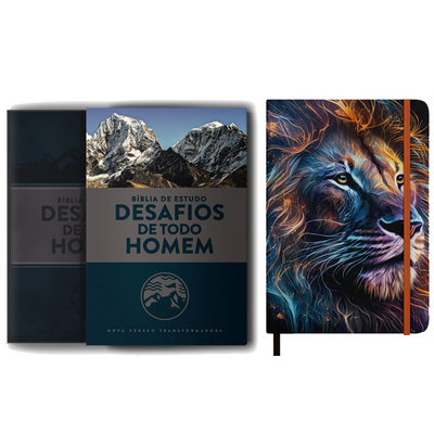 Kit Bíblia Sagrada de Estudo Desafios de Todo Homem | NVT | Azul + Caderno Moleskine | Com Pauta | Capa Leão Colorido