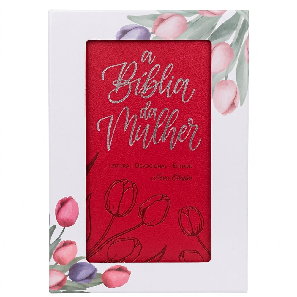 Bíblia da Mulher, NAA, capa luxo Aston Pink com flores, em caixa janela decorada com tulipas. — Plenitude