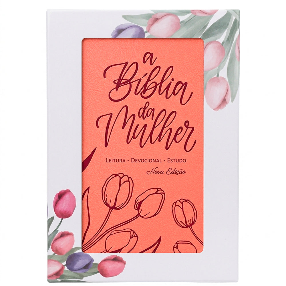 Bíblia da Mulher, Nova Edição, capa Aston Rosa com estampa de tulipas e caixa janela. — Plenitude