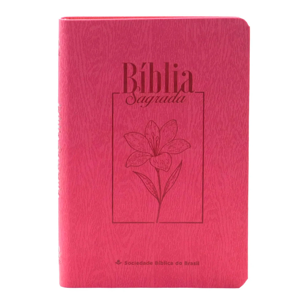 Bíblia Sagrada ARA Letra Grande, capa flexível Legno Goiaba, com estampa de lírio e logo SBB. — Plenitude