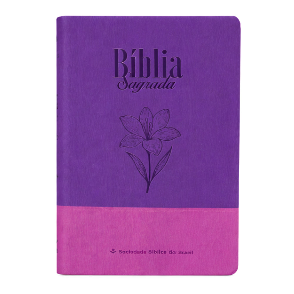 Bíblia Sagrada ARA Letra Grande, capa Legno Duo roxo e lilás com flor de lírio e texto "Sociedade Bíblica do Brasil". — Plenitude