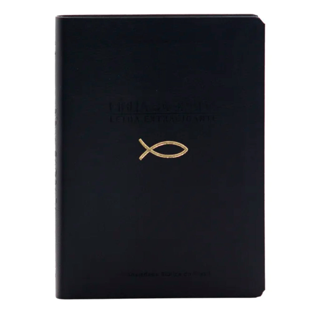Bíblia Sagrada ARC Letra Extragigante, capa preta em couro com símbolo do peixe cristão dourado. — Plenitude