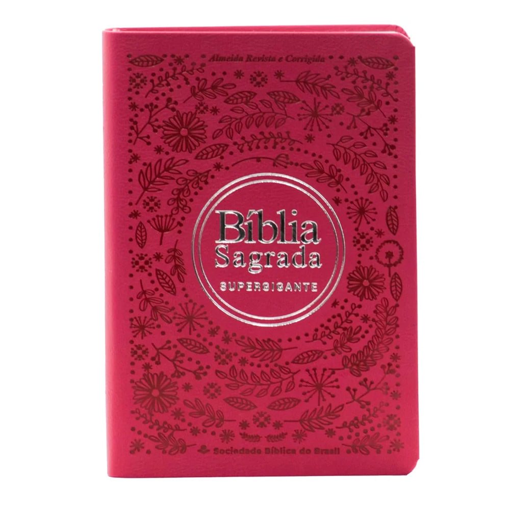 Bíblia Sagrada ARC Letra Supergigante, capa rosa Aston com detalhes florais e letras prateadas. — Plenitude