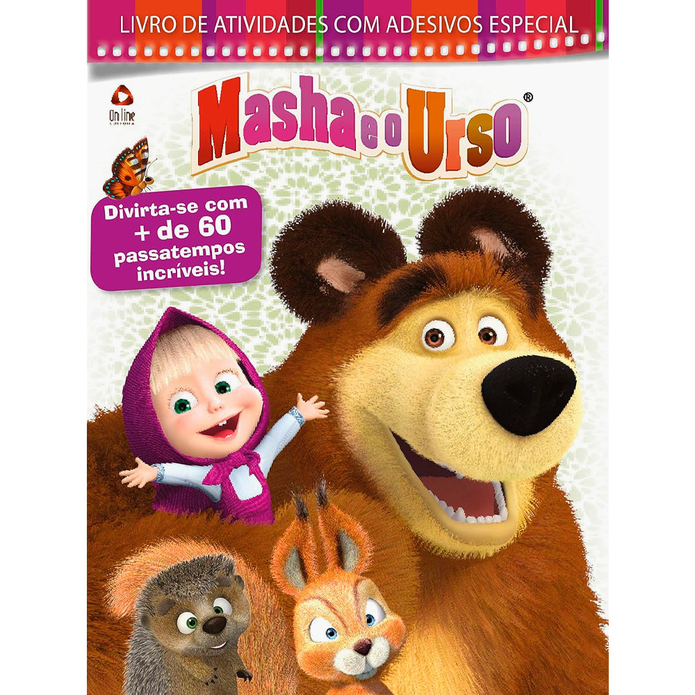 Livro de atividades Masha E O Urso, capa com Masha, Urso, porco e esquilo. — Plenitude