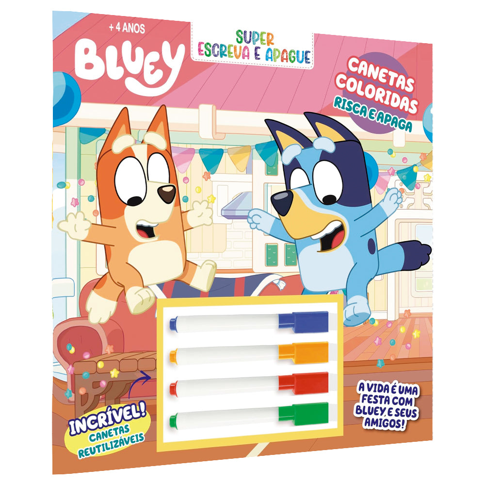 Livro Bluey Super Escreva e Apague, com canetas coloridas. — Plenitude