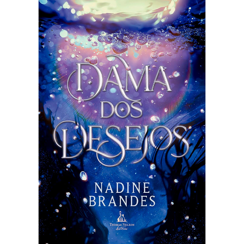 Capa de livro Dama dos Desejos, com fundo azul escuro e bolhas, e título brilhante. — Plenitude