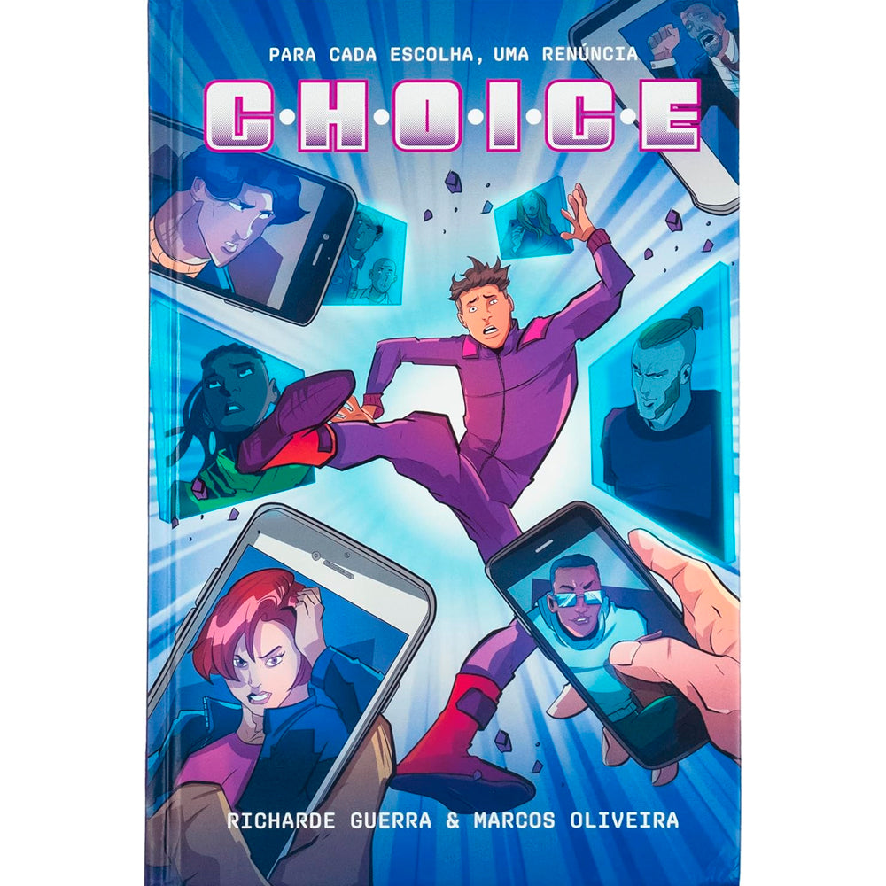 Capa de livro C.H.O.I.C.E., com personagem em destaque e telas de celular ao redor. — Plenitude