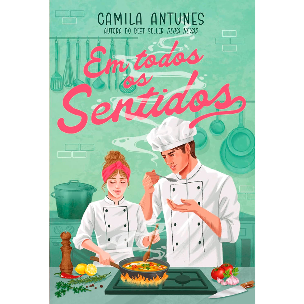 Livro "Em Todos os Sentidos" de Camila Antunes, capa ilustrada com casal cozinhando em cozinha verde. — Plenitude