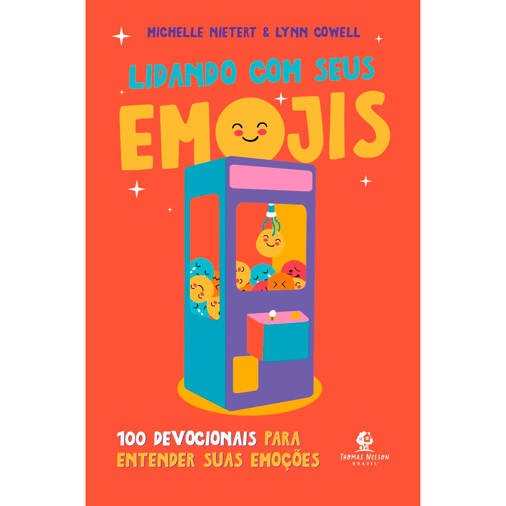Livro Lidando Com Seus Emojis, capa laranja com máquina de pegar bichos de pelúcia. — Plenitude
