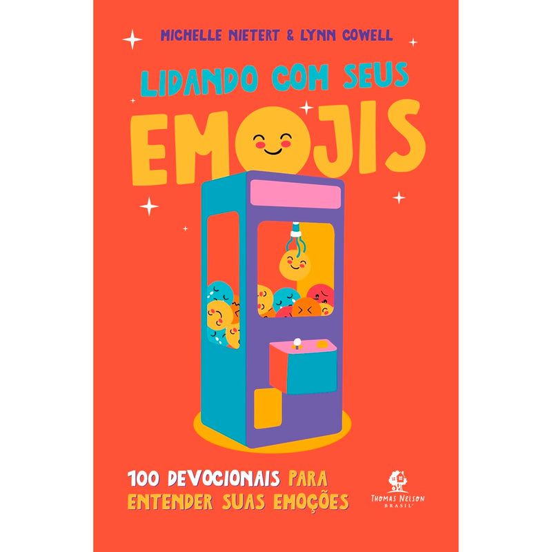 Livro Lidando Com Seus Emojis, capa laranja com máquina de pegar bichos de pelúcia. — Plenitude