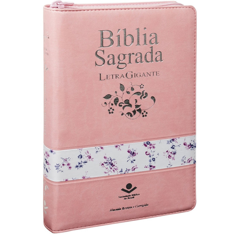 Bíblia Sagrada Letra Gigante com Zíper e Índice - Couro Sintético Rosa