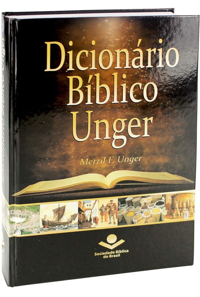 Dicionário Bíblico Unger, capa dura preta com título dourado e imagem de livro aberto. — Plenitude