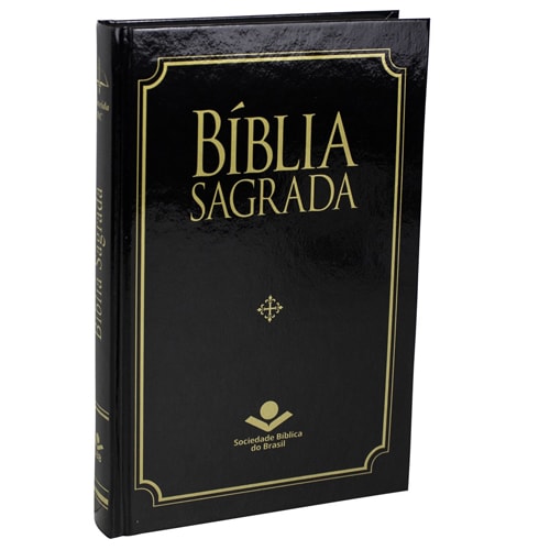 Bíblia Sagrada ARC, capa dura preta com detalhes dourados e logo SBB. — Plenitude
