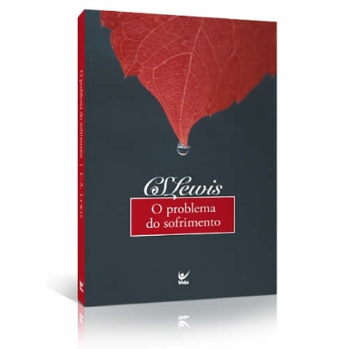 Livro O Problema do Sofrimento, de C. S. Lewis, capa preta com folha vermelha e gota d'água. — Plenitude