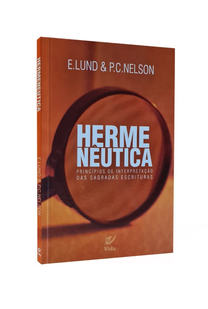 Livro Hermenêutica, capa laranja com lupa e título em azul. — Plenitude