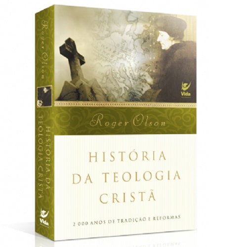 Livro História da Teologia Cristã, capa verde com imagem de cruz e figura histórica. — Plenitude
