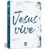 Bíblia NVI Jesus Vive, capa brochura branca com letras azuis e detalhes rústicos. — Plenitude