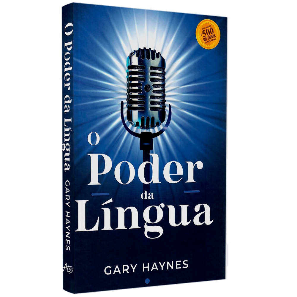 Livro O Poder da Língua de Gary Haynes, capa azul com microfone prateado e selo de 500 mil capas. — Plenitude