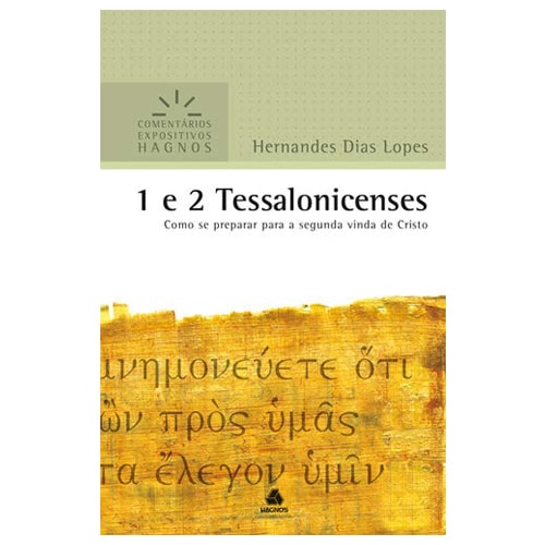 Livro 1 e 2 Tessalonicenses, capa mole bege com título em preto e detalhes de texto antigo. — Plenitude