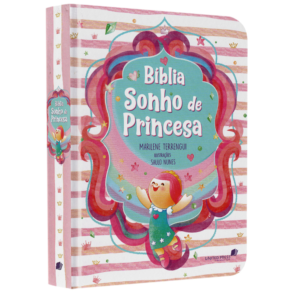 Bíblia Sonho de Princesa, capa dura ilustrada com menina feliz, moldura colorida e fundo listrado rosa e branco. — Plenitude