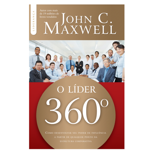 Livro O Líder 360°, capa marrom e vermelha com foto de pessoas em reunião. — Plenitude