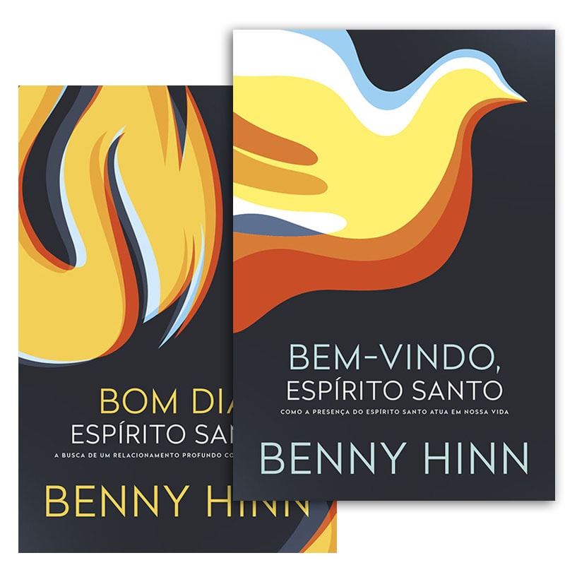 Kit Livros Benny Hinn com dois livros de capa comum: 'Bom Dia Espírito Santo' e 'Bem-Vindo, Espírito Santo', com ilustrações de fogo e pomba. — Plenitude