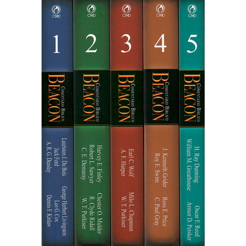 Box com 5 volumes de livros "Comentário Bíblico Beacon Antigo Testamento", cada um com capa de cor diferente e numeração de 1 a 5. — Plenitude