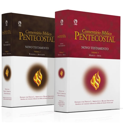 Dois livros Comentário Bíblico Pentecostal, capa dura, um marrom e outro vermelho. — Plenitude