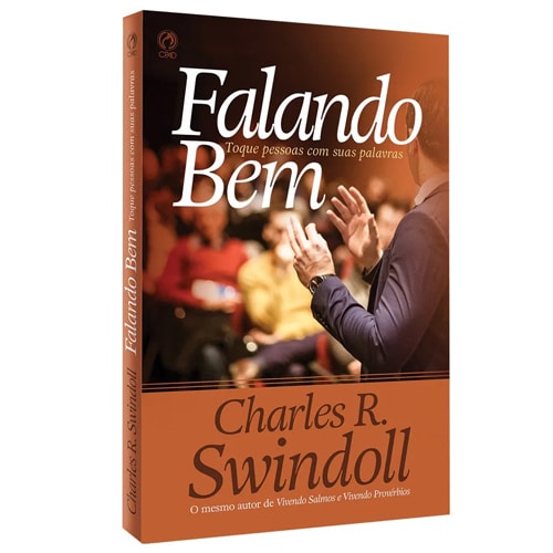 Livro Falando Bem, por Charles R. Swindoll, capa laranja com foto de pessoa falando em pódio. — Plenitude