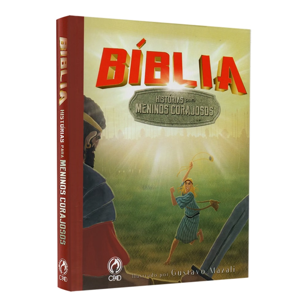 Livro "Bíblia Histórias Para Meninos Corajosos", capa colorida com ilustração de Davi e Golias. — Plenitude