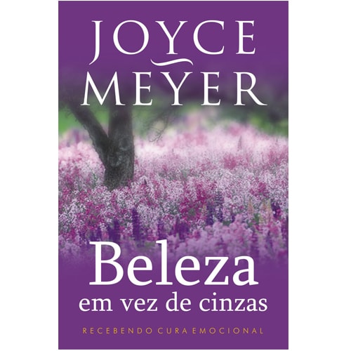 Livro Beleza em Vez de Cinzas, capa roxa com campo florido e árvore. — Plenitude