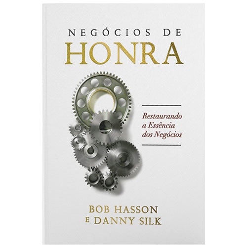 Livro Negócios de Honra, capa branca com engrenagens douradas. — Plenitude