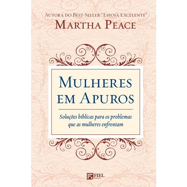 Livro Mulheres Em Apuros, Martha Peace, capa creme com moldura e título em roxo. — Plenitude