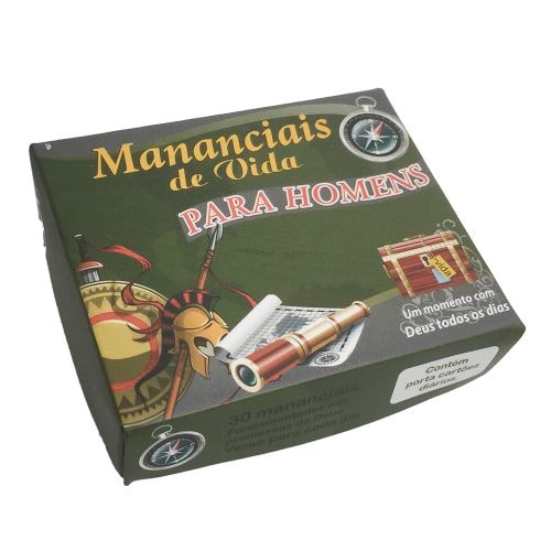 Caixinha de Versículos Diários Mananciais de Vida Para Homens, verde com ilustrações de bússola e baú. — Plenitude