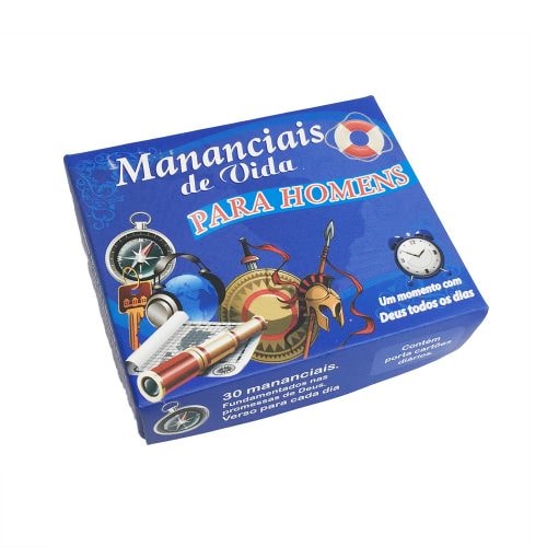 Caixinha de Versículos Diários Mananciais de Vida Para Homens, azul com ilustrações de bússola e baú. — Plenitude