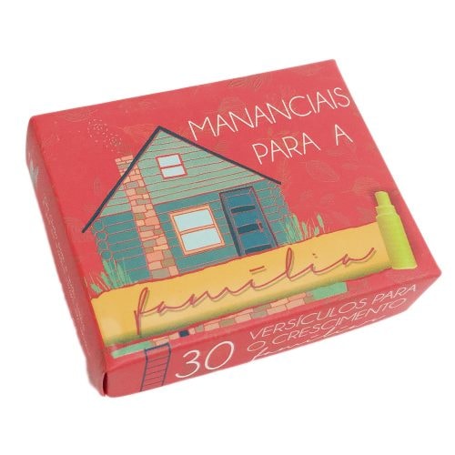 Caixinha de Versículos Diários Mananciais para a Família, cor vermelha com desenho de casa e texto. — Plenitude