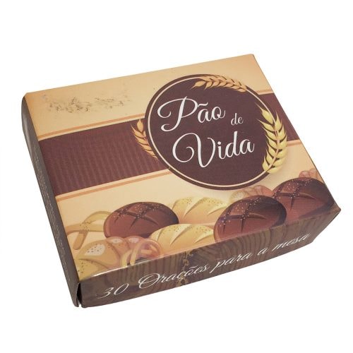 Caixinha de Versículos Diários Pão de Vida Trigo Marrom, com desenho de pães e espigas de trigo. — Plenitude
