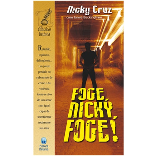 Livro Foge, Nicky, Foge! por Nicky Cruz e Jamie Buckingham, capa bege com silhueta de homem. — Plenitude