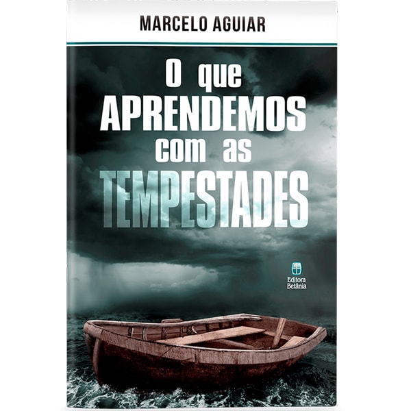 Livro de capa comum, O que Aprendemos com as Tempestades, de Marcelo Aguiar, com capa azul escura e imagem de barco. — Plenitude