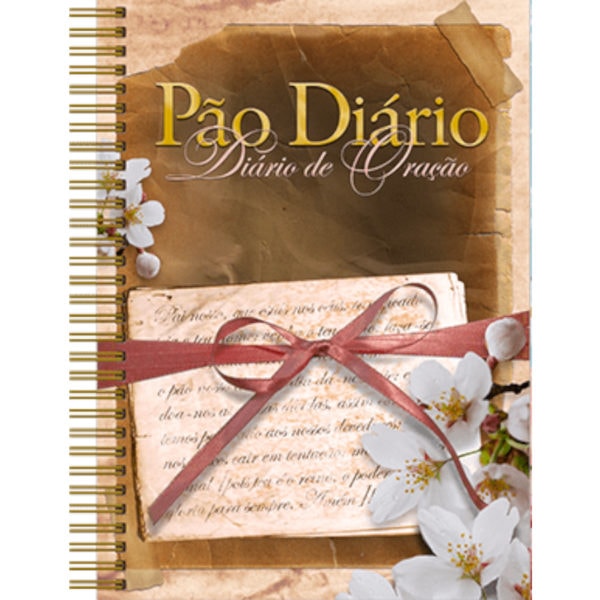 Devocional Diário de Oração Pai Nosso, capa dura espiral, cor marrom com fita vermelha e flores brancas. — Plenitude