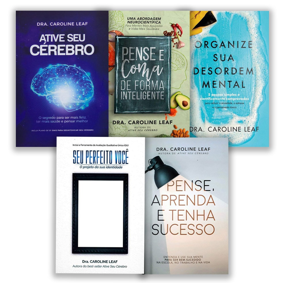 Kit de 5 livros de Dra. Caroline Leaf, com capas coloridas em azul, preto, branco e bege. — Plenitude