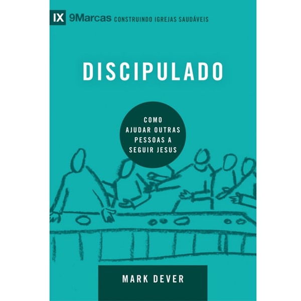 Livro Discipulado, Série 9 Marcas, capa verde-água com ilustração de pessoas sentadas. — Plenitude