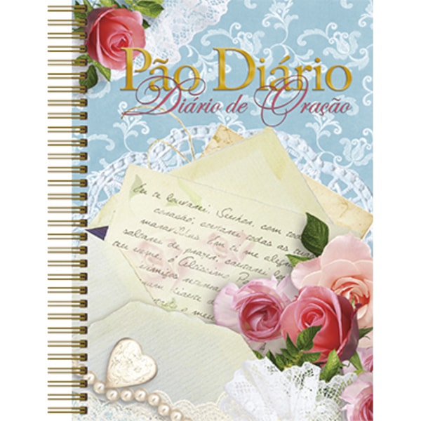 Diário de Oração Louvarei, capa espiral azul claro com rendas, rosas e cartas antigas. — Plenitude