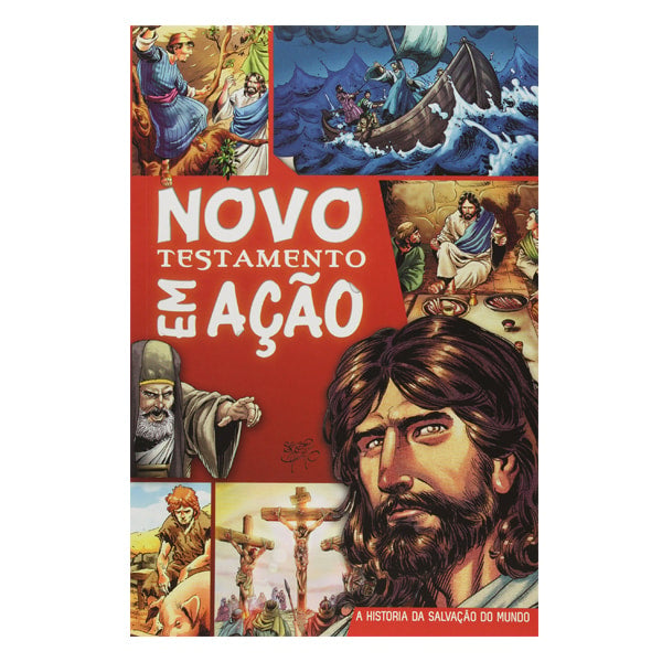 Livro "Novo Testamento em Ação", capa vermelha com ilustrações de cenas bíblicas e Jesus. — Plenitude