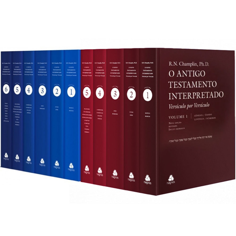 Kit Comentário Bíblico Antigo e Novo Testamento de Russel N. Champlin, 11 volumes, capas em azul e vermelho. — Plenitude