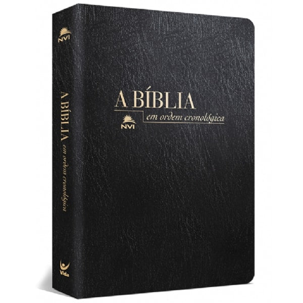 Bíblia NVI em Ordem Cronológica, capa luxo preta de couro sintético, com letras douradas. — Plenitude
