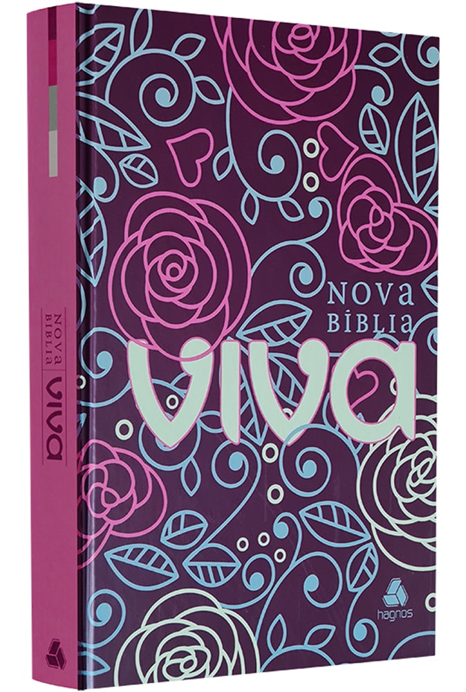 Bíblia Nova Bíblia Viva, capa dura roxa com estampa floral rosa e azul, letras "VIVA" em verde claro. — Plenitude