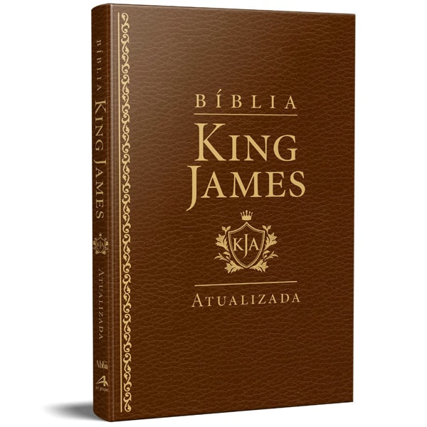 Bíblia King James Atualizada (KJA) com capa luxo marrom, detalhes dourados e textura de couro. — Plenitude