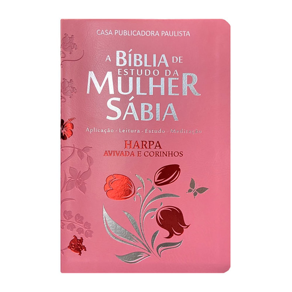 Bíblia de Estudo da Mulher Sábia ARC, capa PU luxo rosa com detalhes florais e borboletas prateadas. — Plenitude