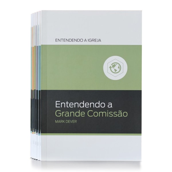 Série de 6 livros Entendendo a Igreja, capa branca e verde com ícone de globo. — Plenitude